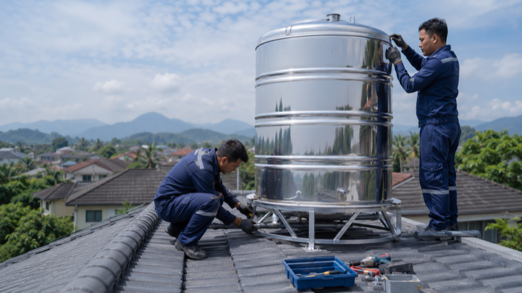 Dua juruteknik TANKPRO memasang tangki air King Kong stainless steel di bumbung rumah landed