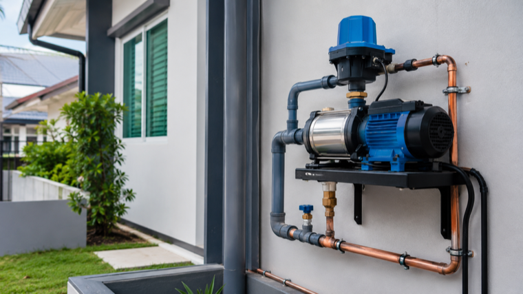 Water pump dipasang kemas di dinding rumah dengan paip tembaga