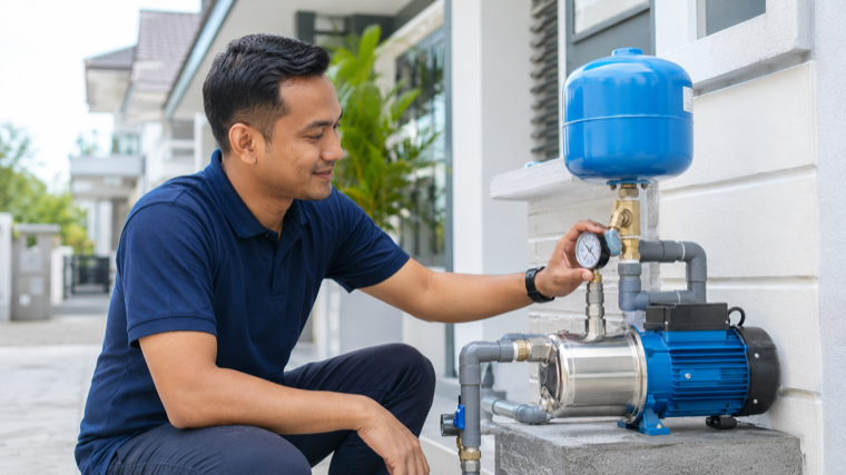 Juruteknik TANKPRO memeriksa tekanan water pump yang baru dipasang